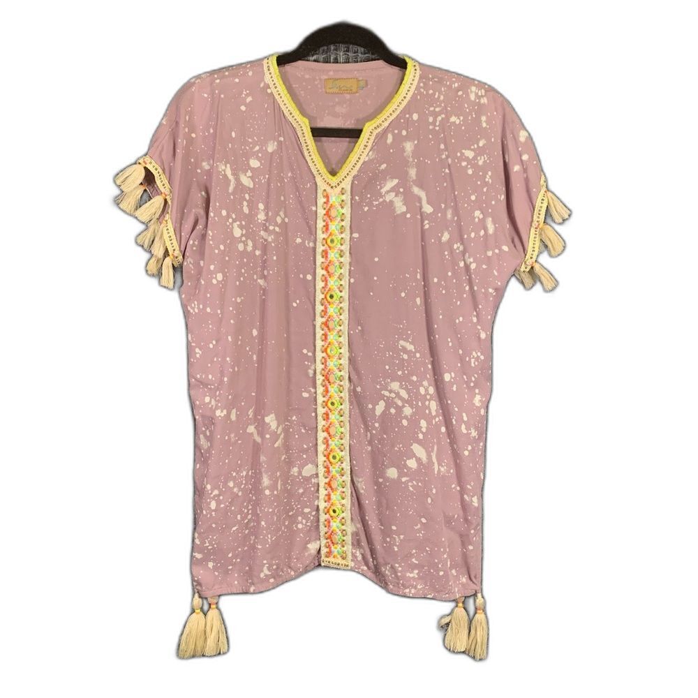 SKEMO Bohemian Beaded Tassel Short Sleeve Pullover Rayon Blouse Medium #831